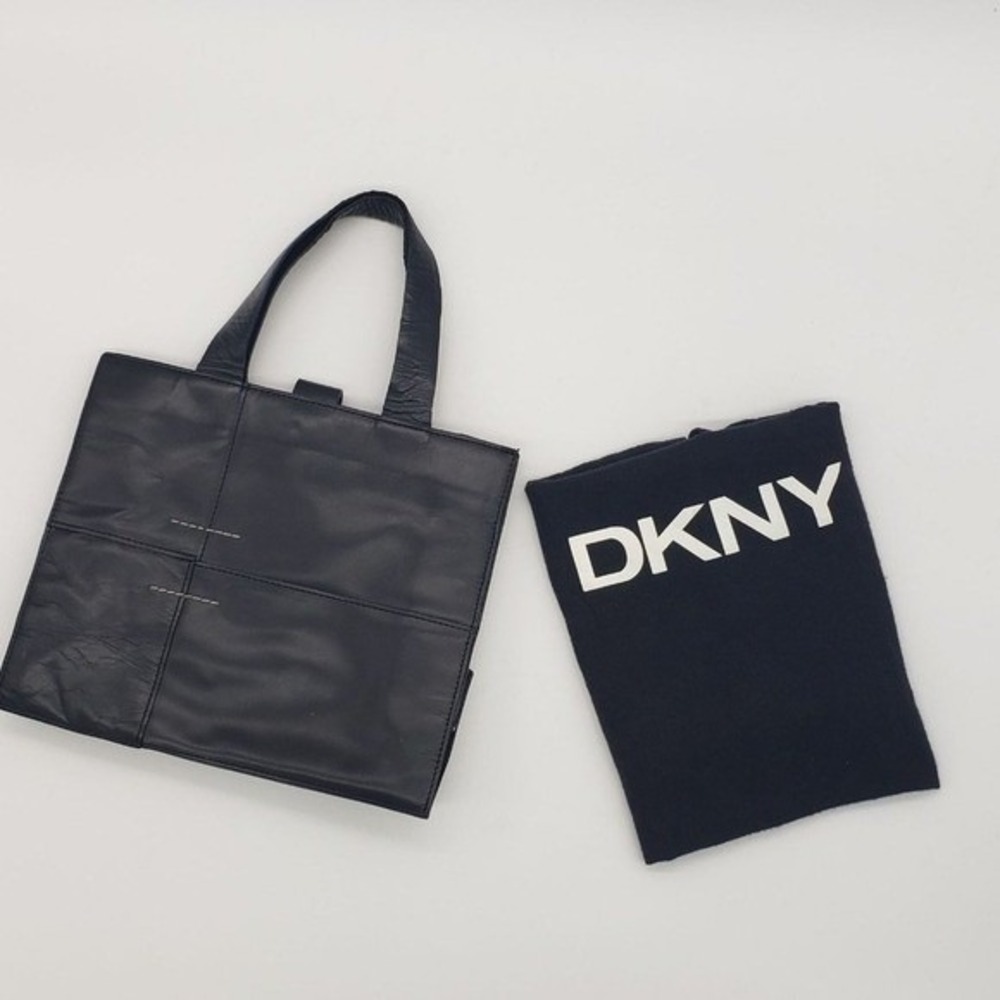 DKNY Vintage Black Leather Paneled Tote Bag Square Handbag with Dust Bag